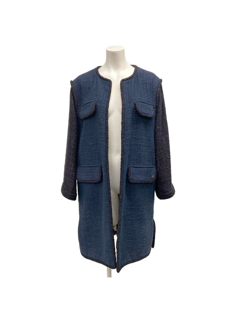 Chanel Coat S Dark Navy Black Purple Tweed Cotton 34